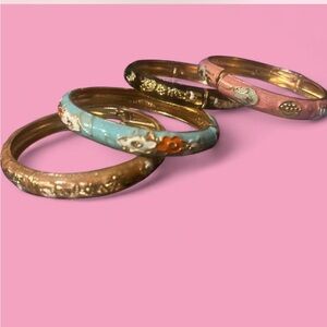 Elegant Gold and Pink Enamel Bangle Set